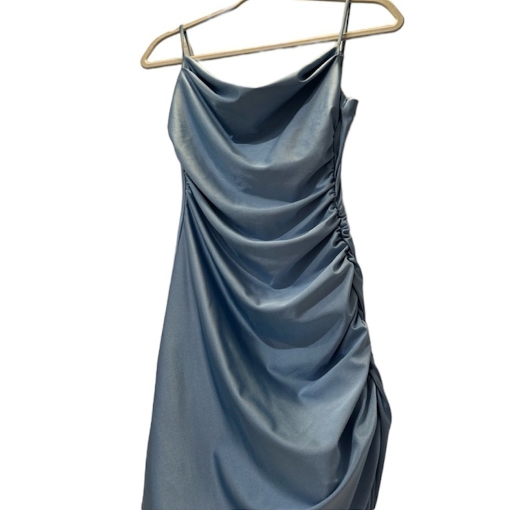 B. Darlin Mini Dress Shimmer Blue Cowl Neck Ruched